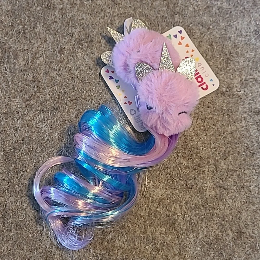 Claire's Club Girl's Plushy Unicorn Clips W/ Curly Extensions! 🩵💜💙